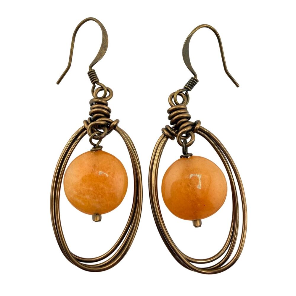 Handmade Peach Jadeite Dangle Bead Bronze Tone Teardrop 1.75" Earrings